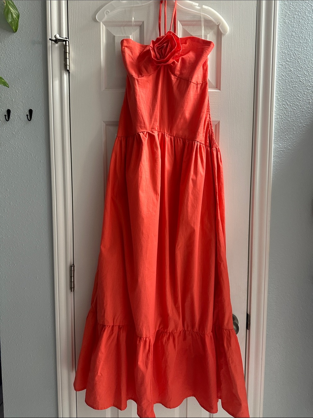 HYFVE Coral Halter Drop Waist Maxi Dress Rosette Detail L Cotton Resortwear